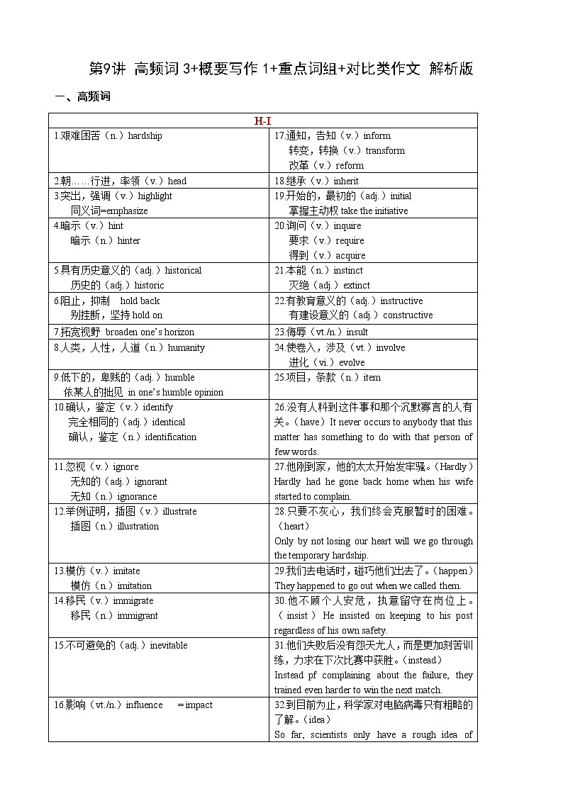 第9讲 高频词3+概要写作1+重点词组+对比类作文 解析版第1页