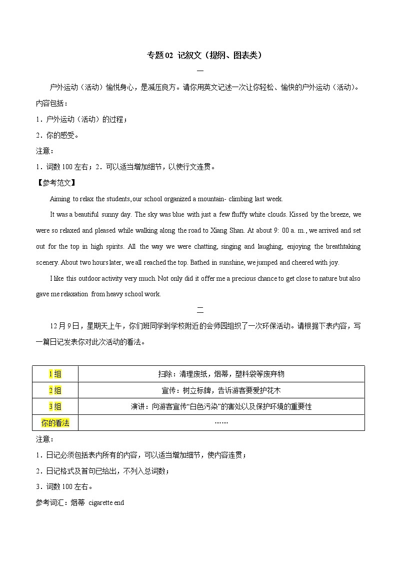 专题02 记叙文（提纲、图表类）-2022届高考英语满分作文必练必背第1页