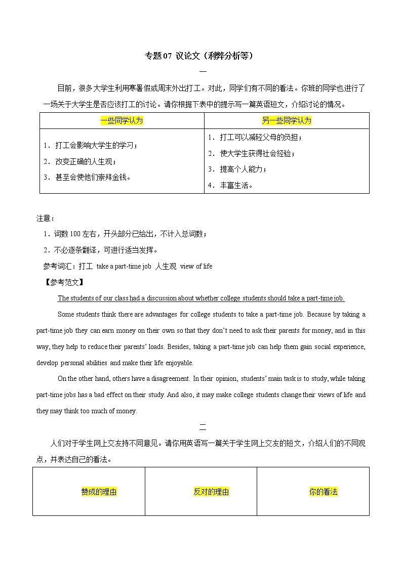 专题07 议论文（利弊分析等）-2022届高考英语满分作文必练必背01