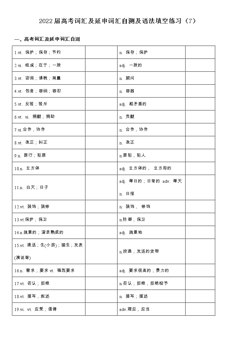 2022届高考词汇及延伸词汇自测及语法填空练习（7）第1页