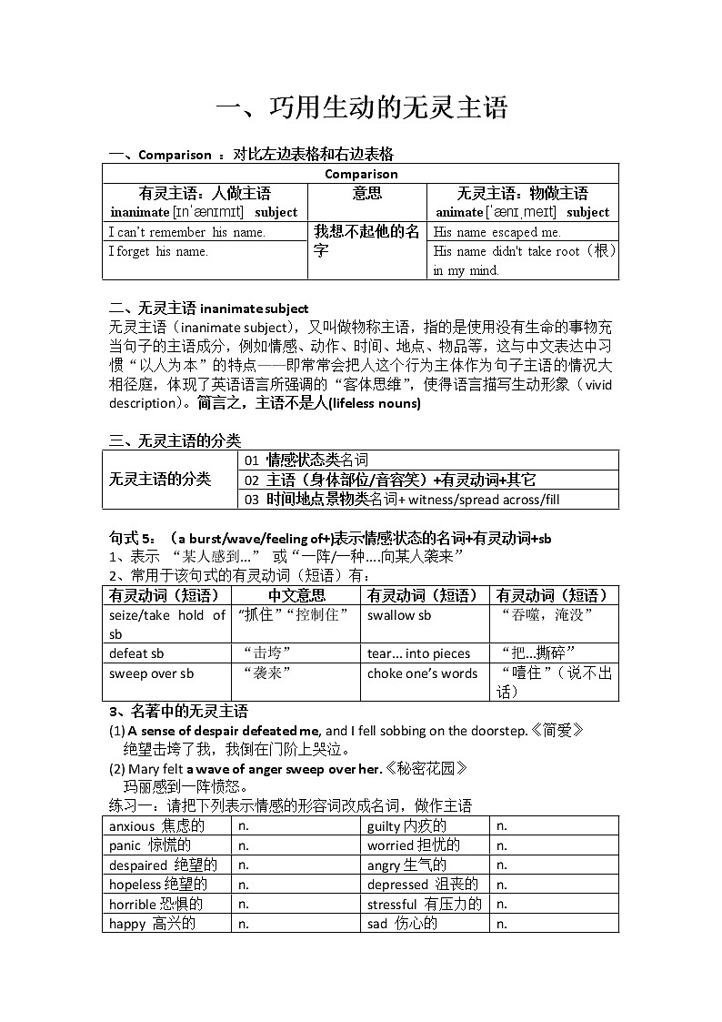 读后续写之巧用无灵主语+学案-2022届高三英语二轮复习01