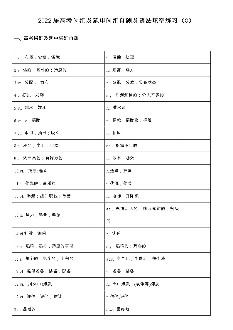 2022届高考词汇及延伸词汇自测及语法填空练习（8）第1页