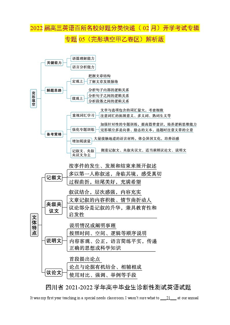 专题05（完形填空甲乙卷区）开学考试专辑+2022届高三英语百所名校好题分类快递01