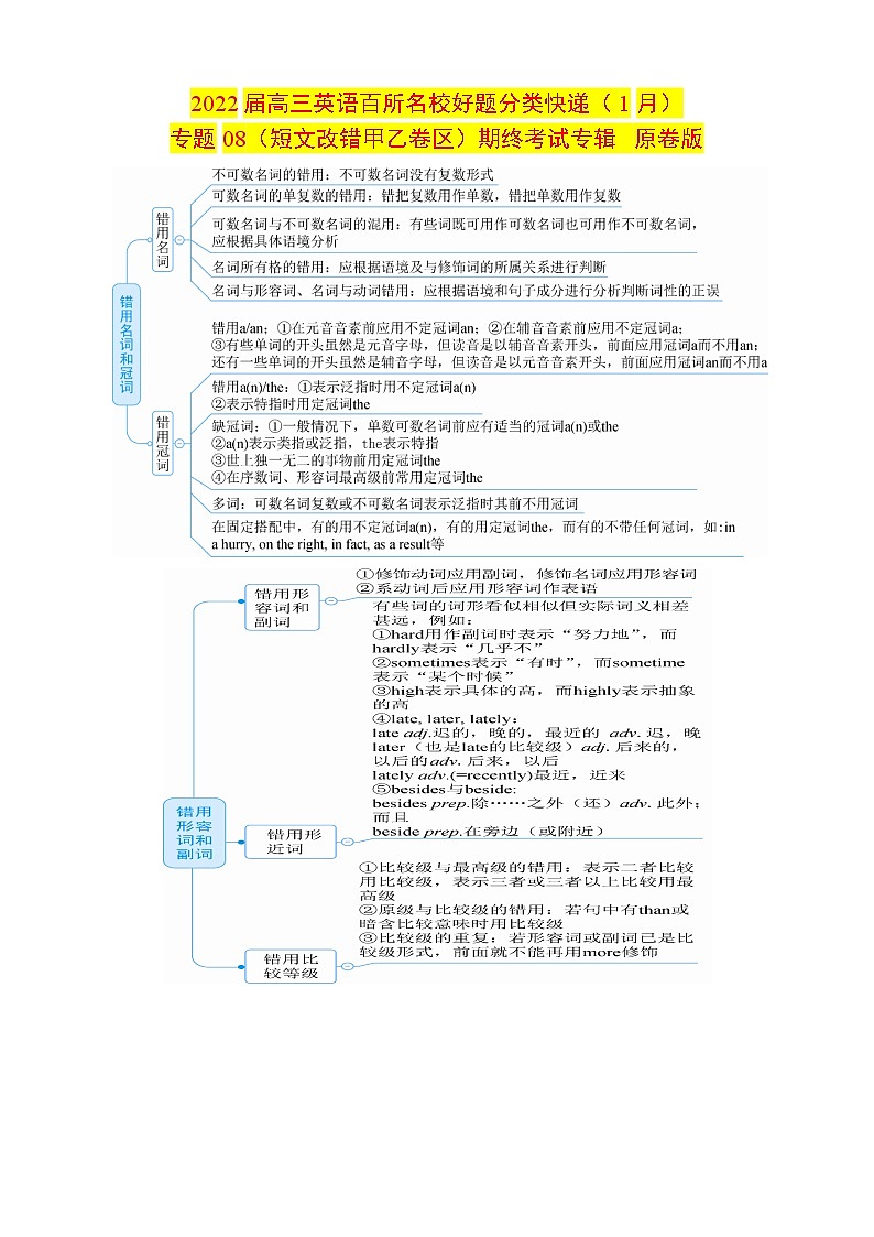 专题08（短文改错甲乙卷区） 期终专辑原卷版 2022届高三英语百所名校好题分类快递（1月）第1页