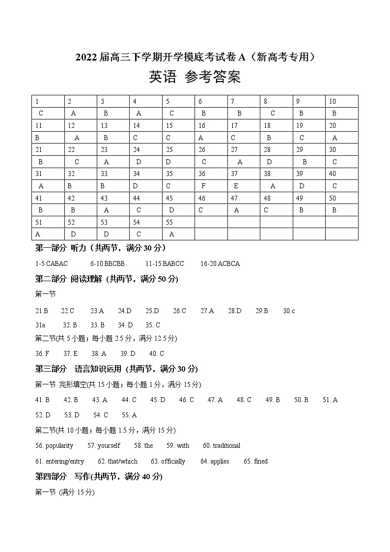 英语-2022届高三下学期开学摸底考试卷A（新高考专用）（参考答案）第1页
