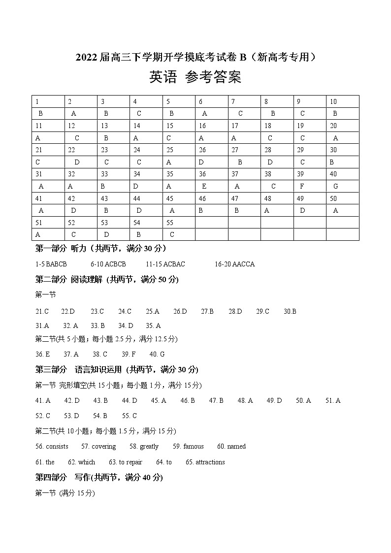 英语-2022届高三下学期开学摸底考试卷B（新高考专用）（参考答案）第1页