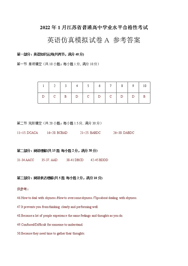 2022年1月江苏省普通高中学业水平合格性考试英语仿真模拟试卷A（含考试版+全解全析+参考答案）01