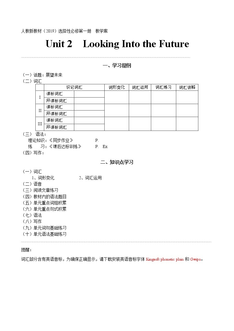 选择性必修第1册  Unit  2 Looking Into the Future       2022年高考英语一轮夯实基础复习学案（人教版2019）01