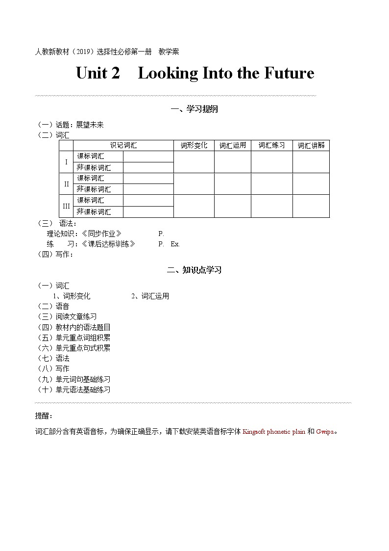 选择性必修第1册  Unit  2 Looking Into the Future       2022年高考英语一轮夯实基础复习学案（人教版2019）01