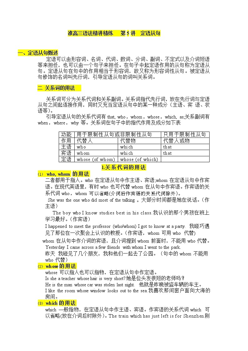 第5讲 定语从句 精讲精练 2022届准高三高考英语语法暑假专练第1页