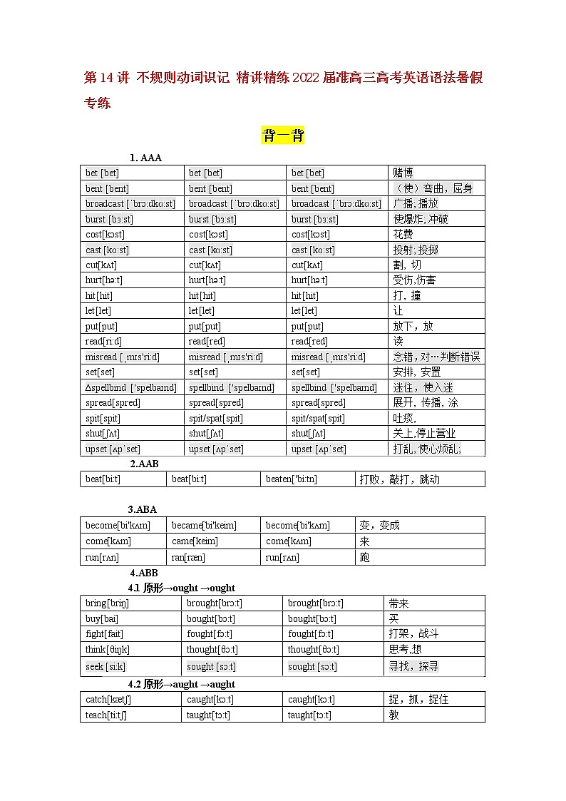第14讲  不规则动词  精讲精练2022届准高三高考英语语法暑假专练01