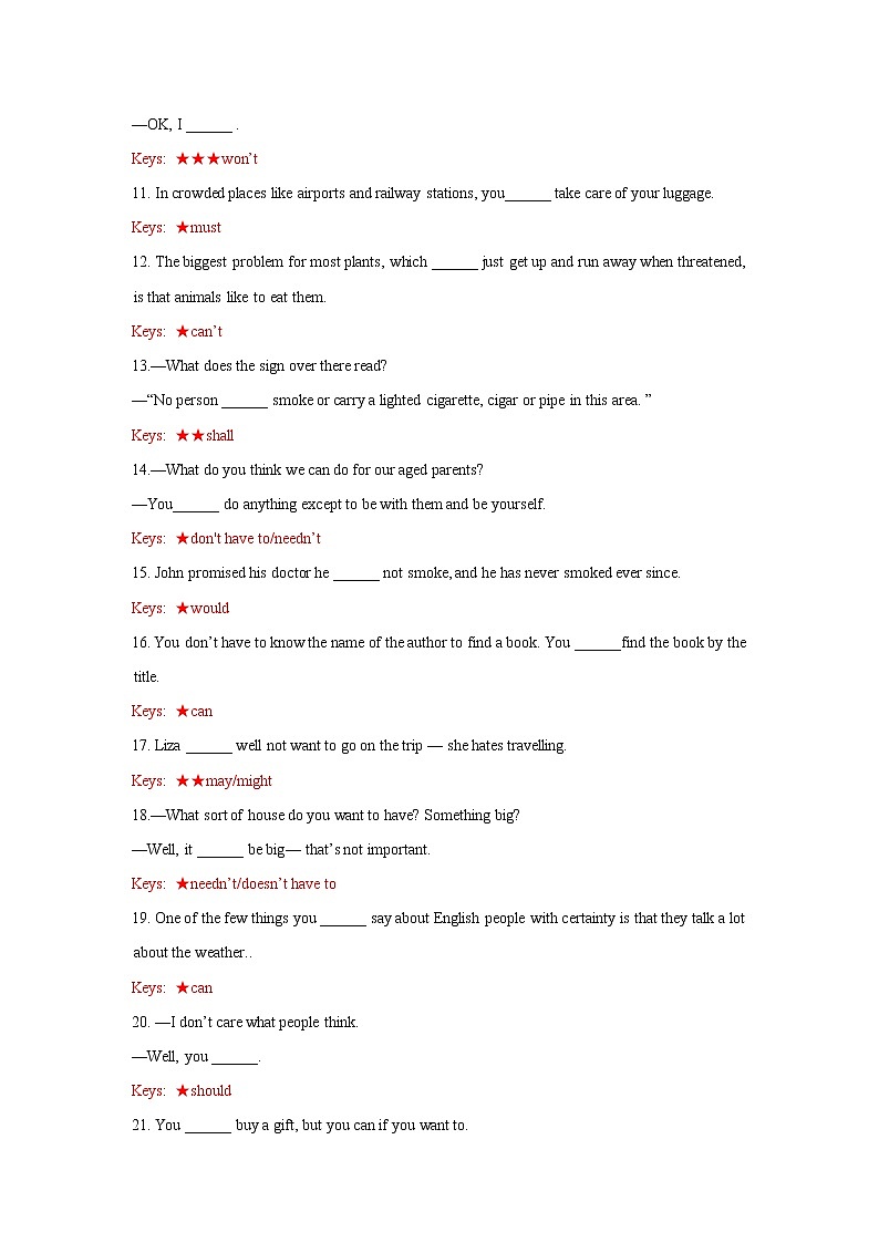 3.6  动词（6）  情态助动词练习（1） 基本意义与特殊意义（55题）  -2022年高考英语语法填空考点分解练02