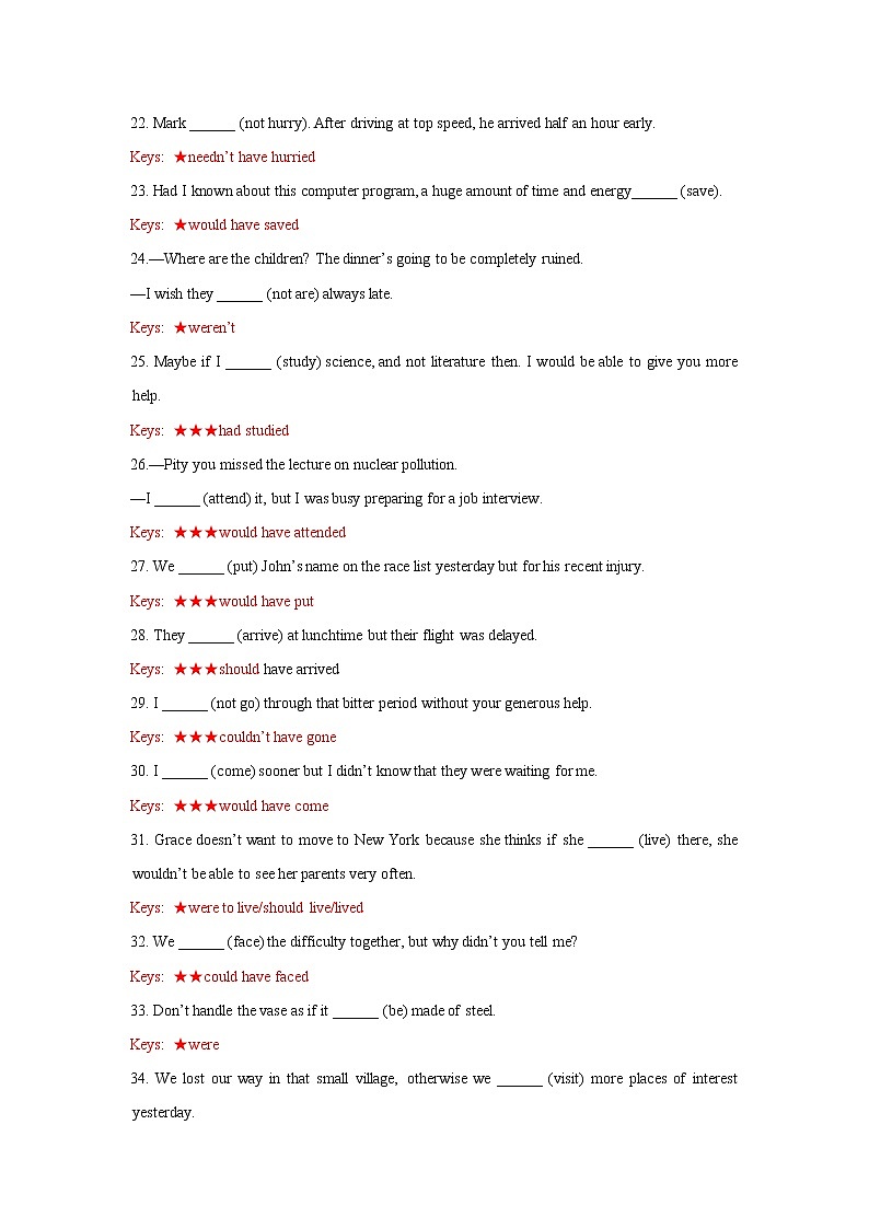 3.8  动词（8）  情态助动词练习（3） 虚拟语气 （70题）  -2022年高考英语语法填空考点分解练03