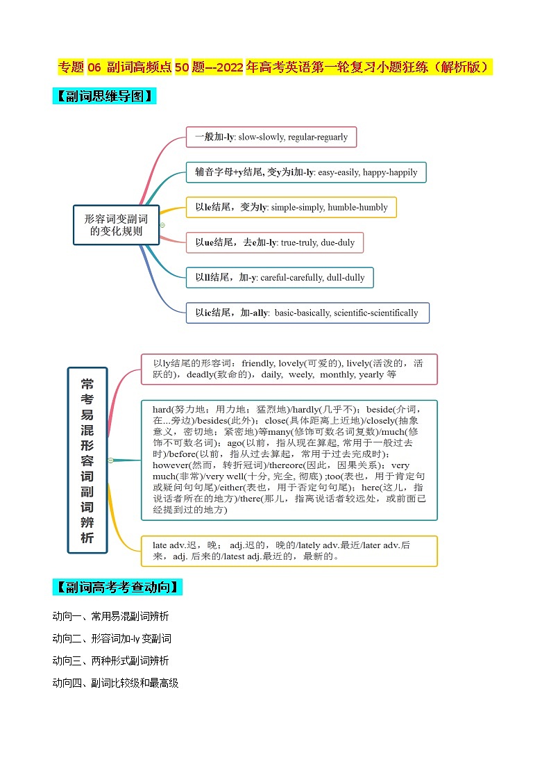 专题06 副词高频用法50题 (思维导图+高考真题+模拟题)--2022年高考英语第二轮复习小题训练01
