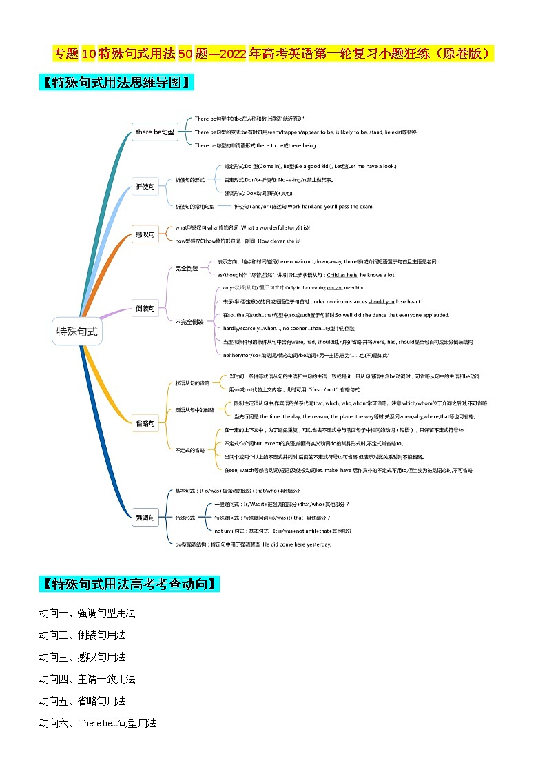 专题10 特殊句式用法50题 (思维导图+高考真题+模拟题)--2022年高考英语第一轮复习小题狂练（原卷版）第1页