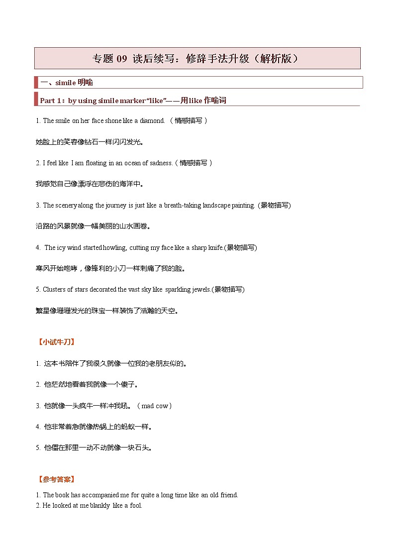 专题09 读后续写：修辞手法升级 -2022年高考英语读后续写核心素养与实战演练01