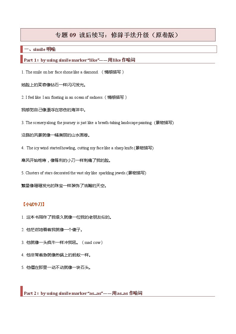 专题09 读后续写：修辞手法升级 -2022年高考英语读后续写核心素养与实战演练01