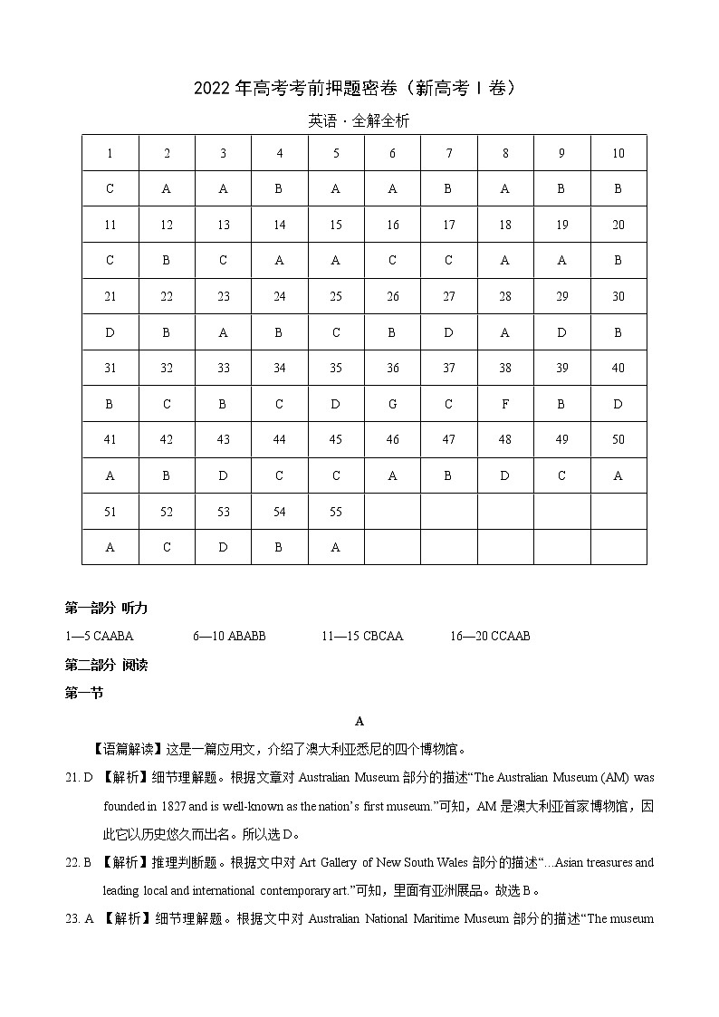 英语-2022年高考考前押题密卷（新高考I卷）（全解全析）第1页