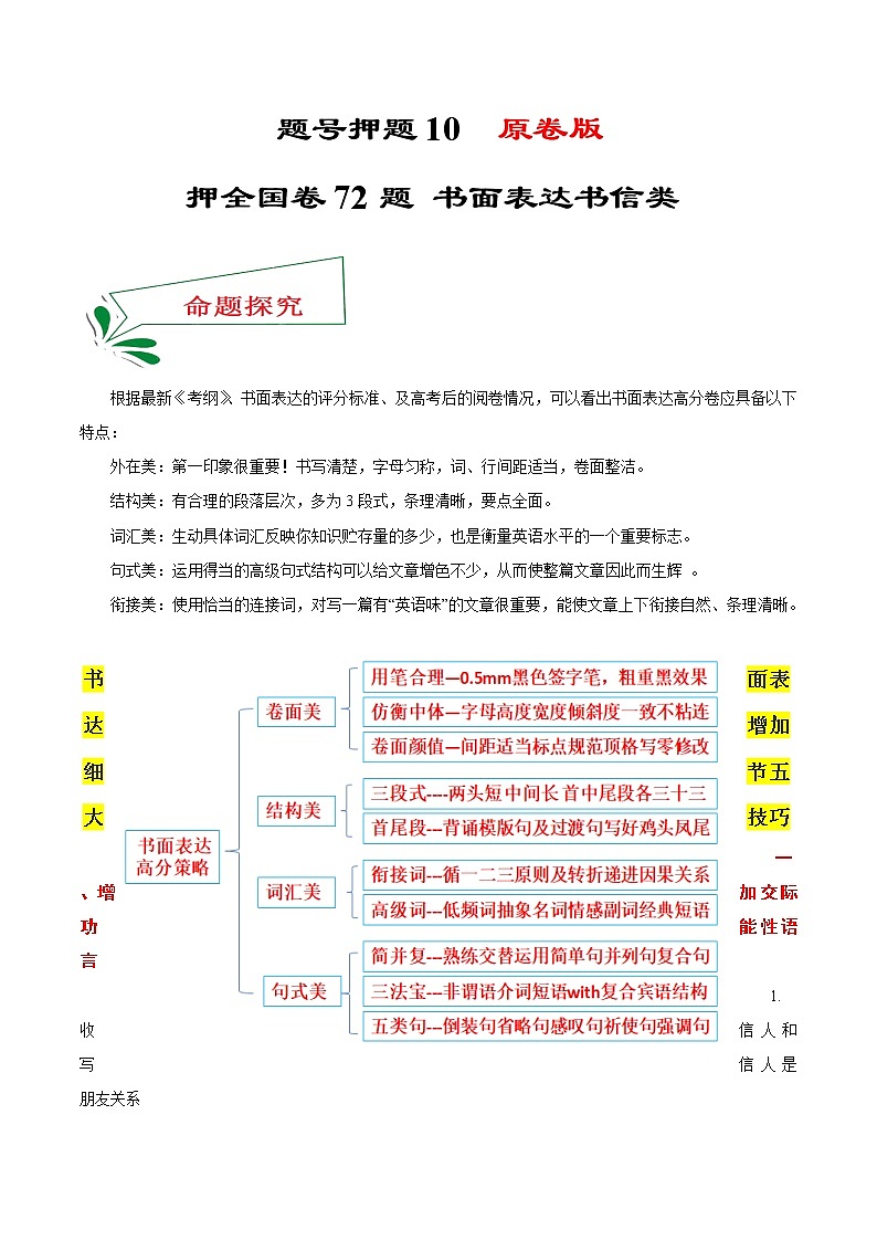 题号押题10 押全国卷72题 书面表达书信类（原卷版）-备战2022年高考英语临考题号押题（全国甲卷）第1页