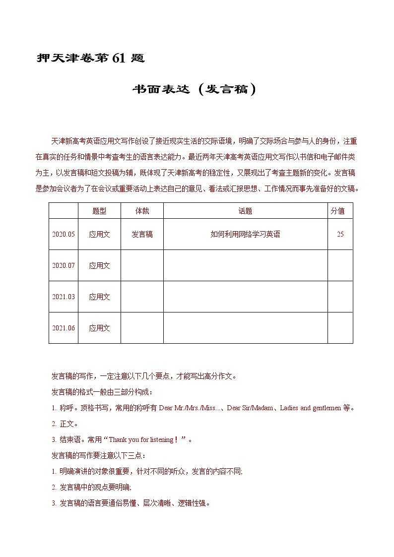 押天津卷61题 书面表达发言稿（原卷版）-备战2022年高考英语临考题号押题（天津卷）第1页