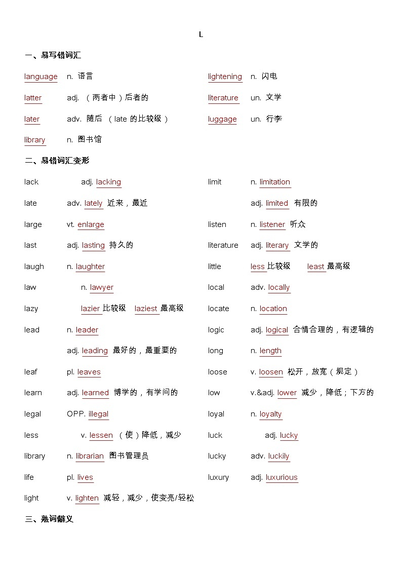 备战高考-词汇基础-L-单词、熟词生义、词组、常考超纲词、不规则变化答案版第1页