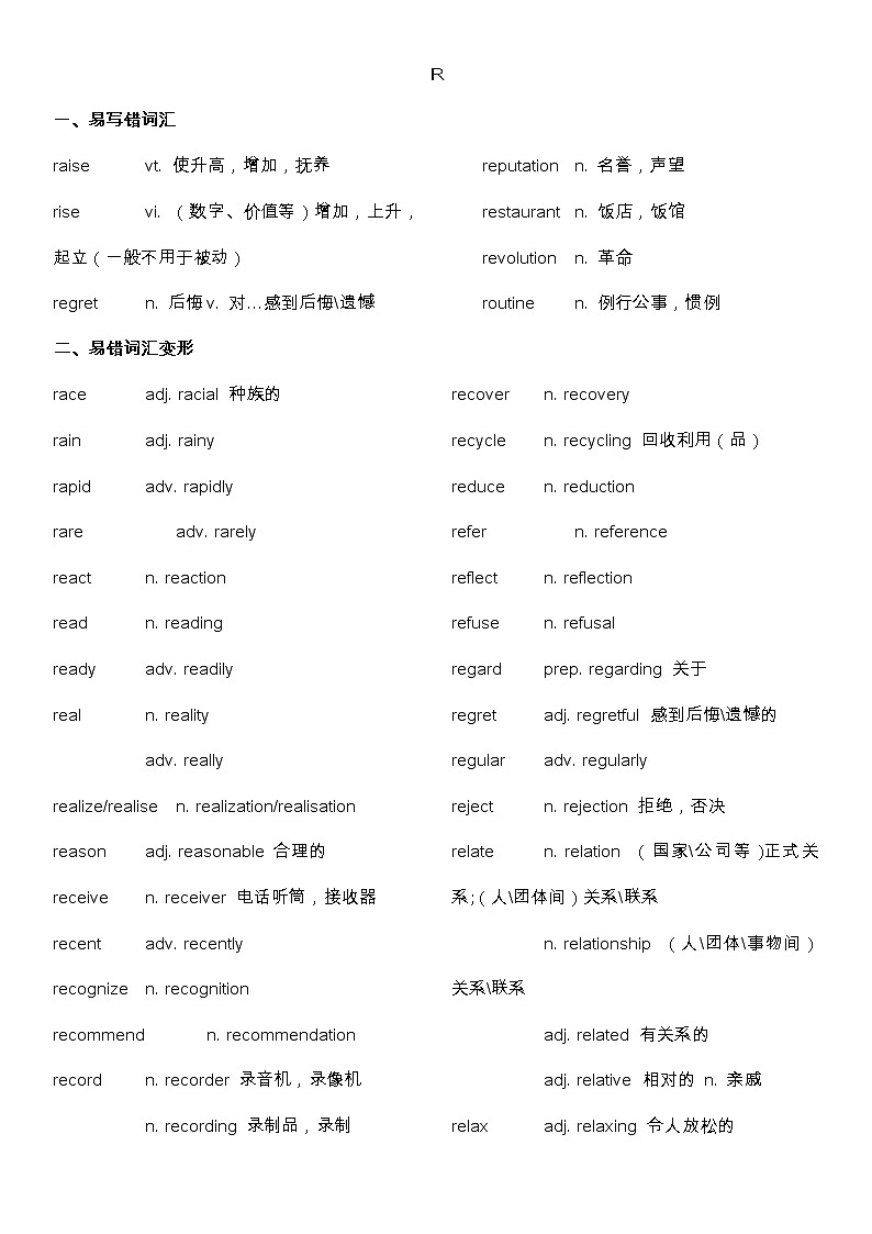 备战高考-词汇基础-R-单词、词组、熟词生义、常见超纲词、不规则动词变化-答案版第1页