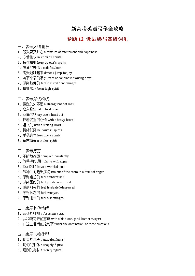 专题12 读后续写高级词汇-备战2022年新高考英语写作全攻略第1页
