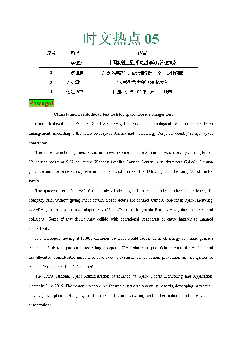 时文热点05--2022年高考英语时文热点之原创特训组合练（阅读理解 语法填空）01