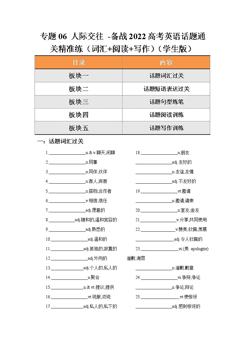 专题06 人际交往 -备战2022高考英语话题通关精准练（词汇+阅读+写作）（学生版）第1页