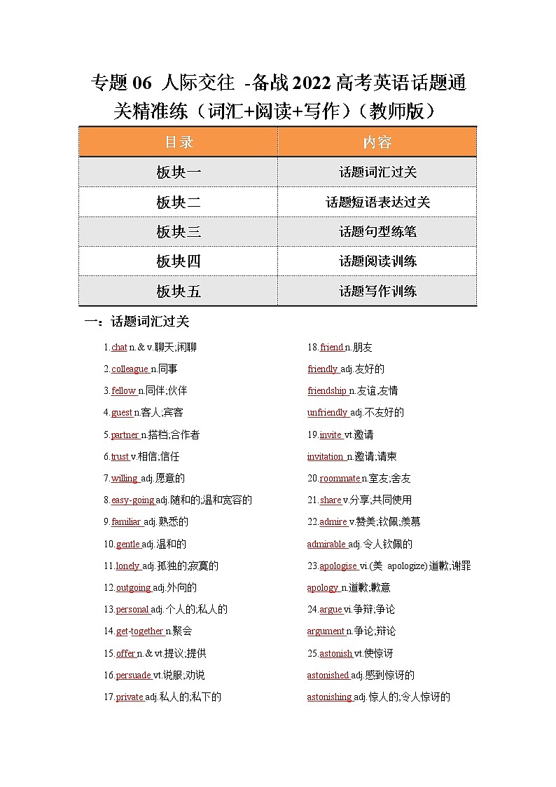 专题06 人际交往 -备战2022高考英语话题通关精准练（词汇+阅读+写作）（教师版）第1页