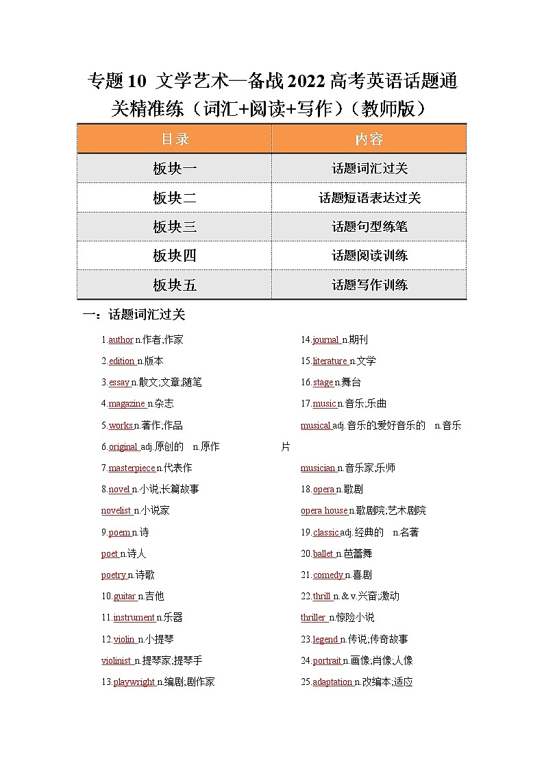 专题10 文学艺术—备战2022高考英语话题通关精准练（词汇+阅读+写作）01