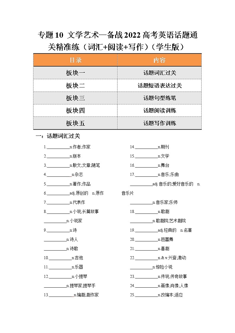 专题10 文学艺术—备战2022高考英语话题通关精准练（词汇+阅读+写作）01