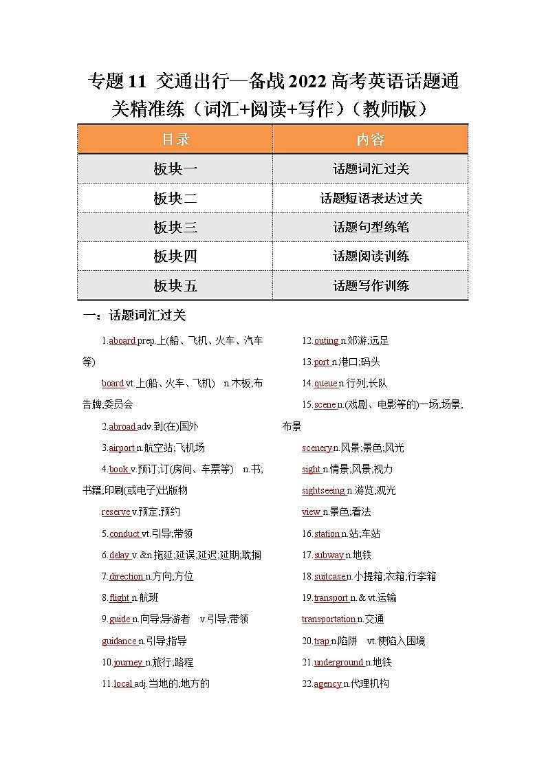 专题11 交通出行—备战2022高考英语话题通关精准练（词汇+阅读+写作）01