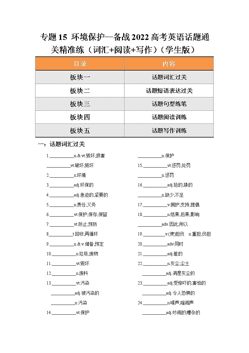 专题15 环境保护—备战2022高考英语话题通关精准练（词汇+阅读+写作）01