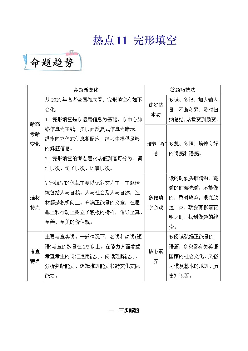 热点11 完形填空（热点话题）-2022年高考英语【热点·重点·难点】专练（全国通用）01