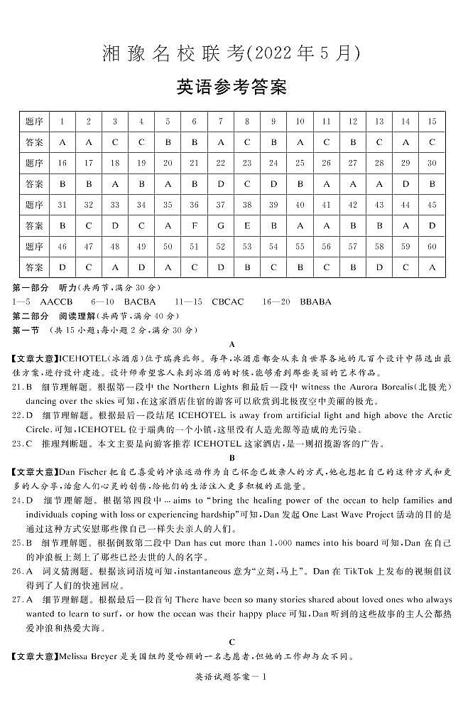 【精编精校卷】2022届湘豫名校高三5月联考英语答案第1页