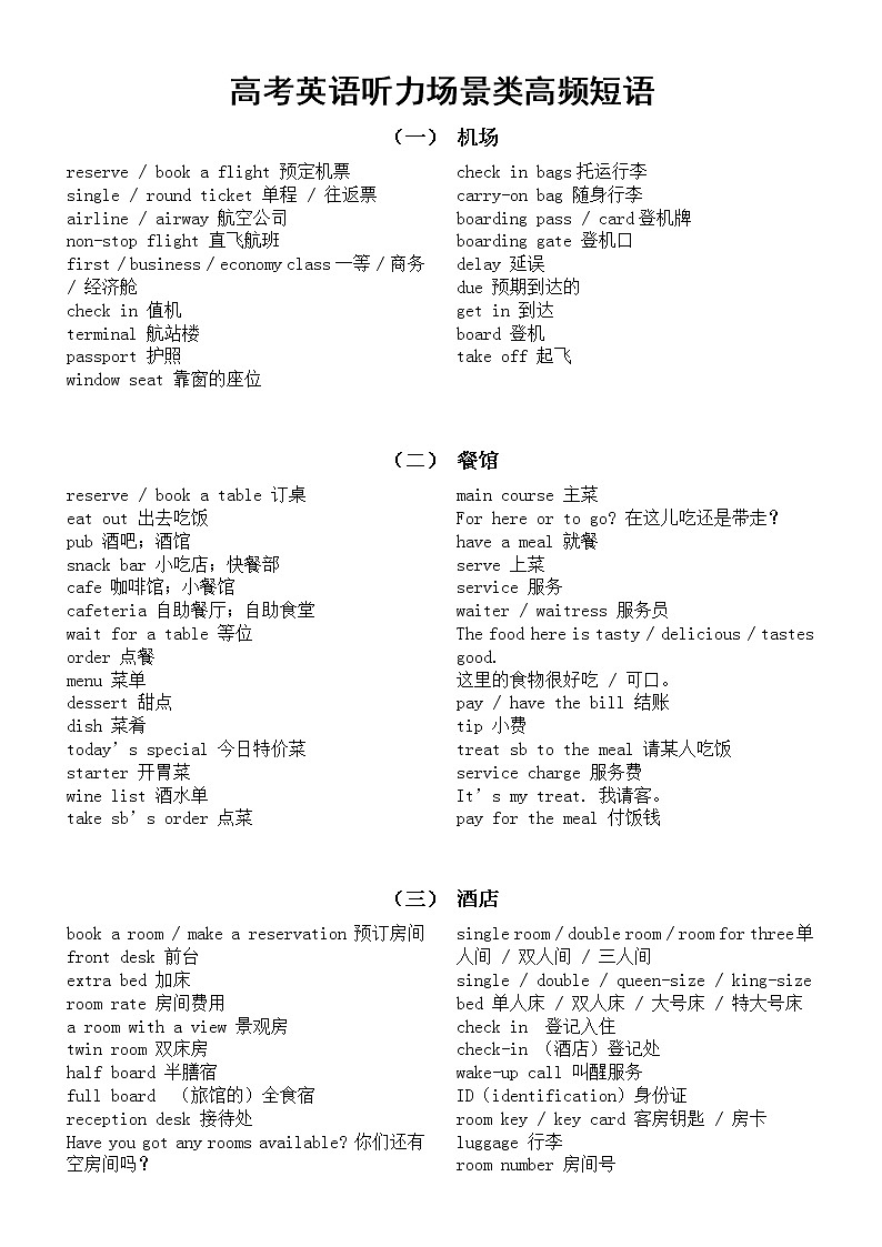 高中英语高考听力常考场景类高频短语（共九大类，口语表达也用得到）第1页