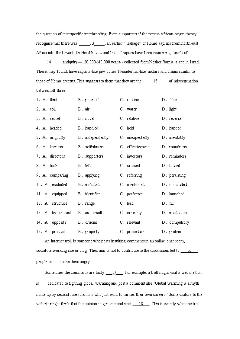 高考英语完形填空训练题（附解析）02