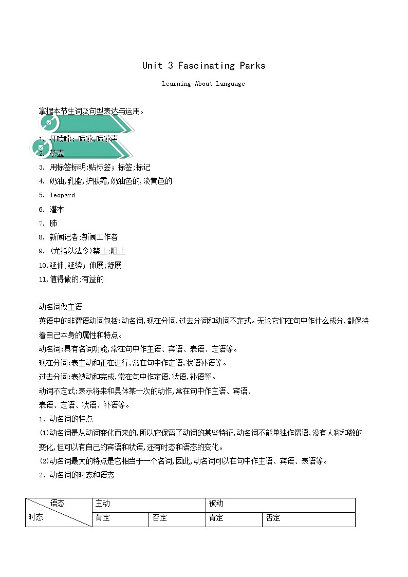 人教版高中英语选择性必修第一册unit3 fascinating parks learning about language学案01