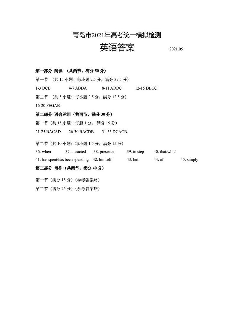 青岛市2021年高考统一模拟检测英语参考答案第1页