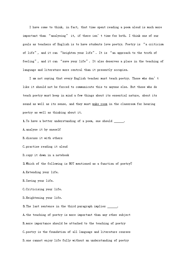 福建专版2022年新教材高考英语一轮复习考点规范练19Poems诗歌含解析新人教版第3页