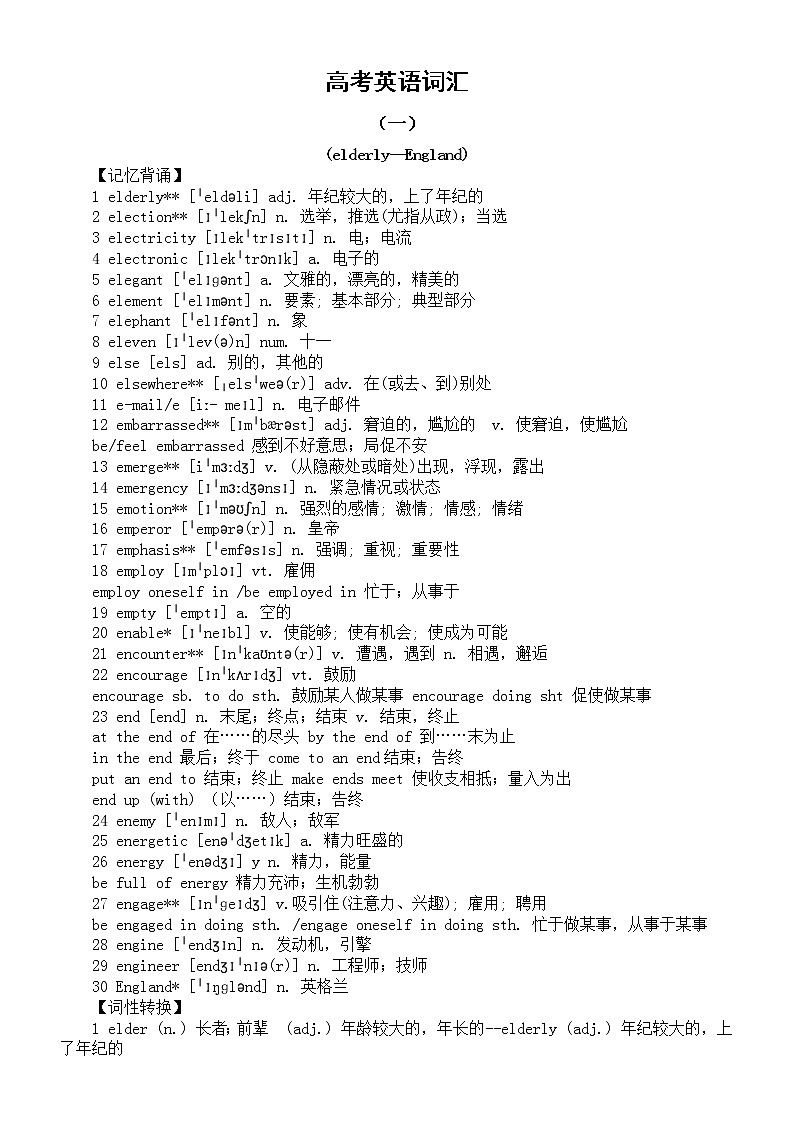 高中英语高考词汇汇总（十一）（记忆背诵+词性转换）第1页
