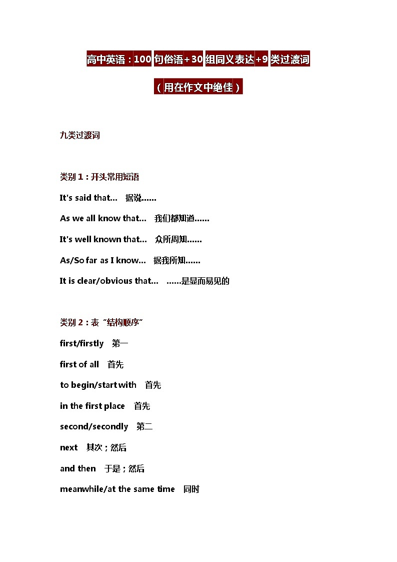高中英语：100句俗语+30组同义表达+9类过渡词第1页