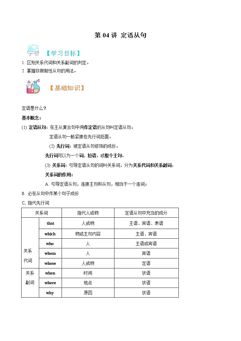 第04讲 定语从句-【暑假自学课】2022年新高一英语暑假精品课（新外研版2019必修1） 试卷01