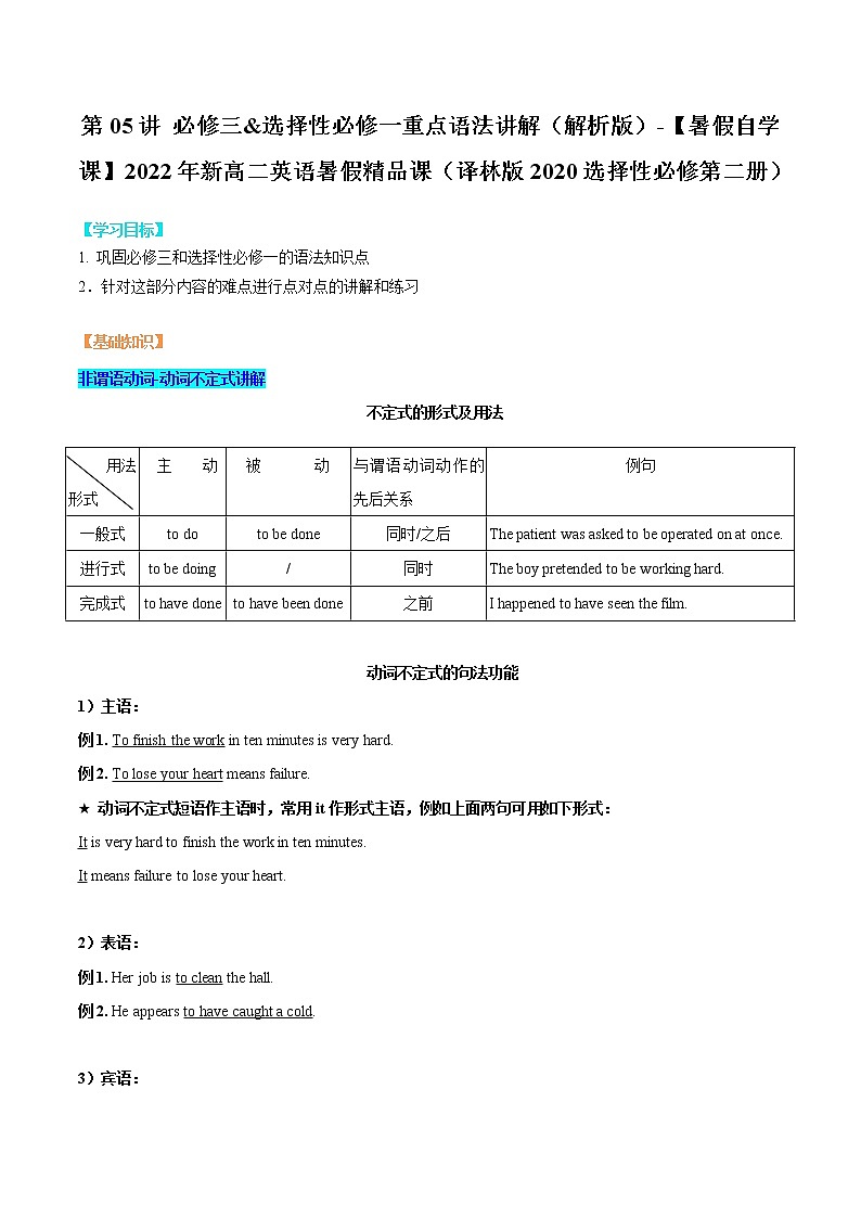 专题05 必修三&选择性必修一重点语法讲解（解析版）-【暑假自学课】2022年新高二英语暑假精品课（译林版2020选择性必修第二册）第1页