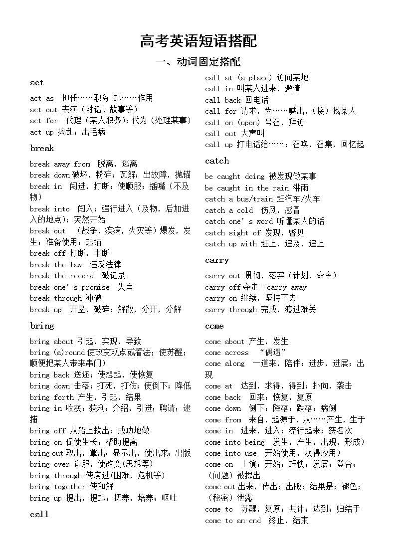 高中英语高考复习短语搭配汇总（31组动词固定搭配+17组介词短语）第1页