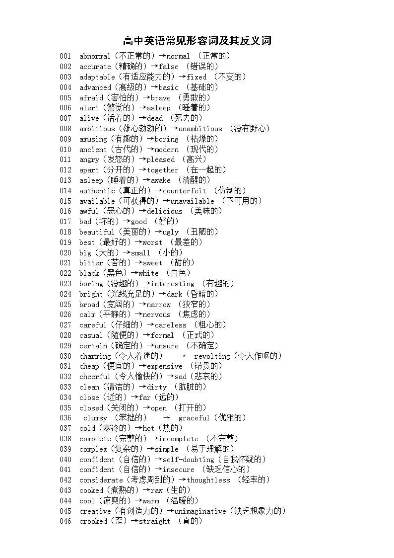 高中英语高考复习常见形容词及其反义词汇总（共135组）第1页