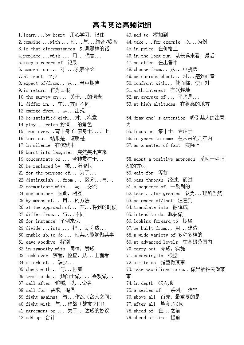 高中英语高考高频词组整理汇总（共340条）01