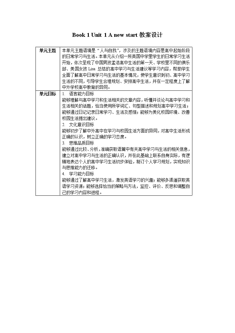 外研版2019高中必修第一册Unit 1 A new start 全单元教学设计第1页