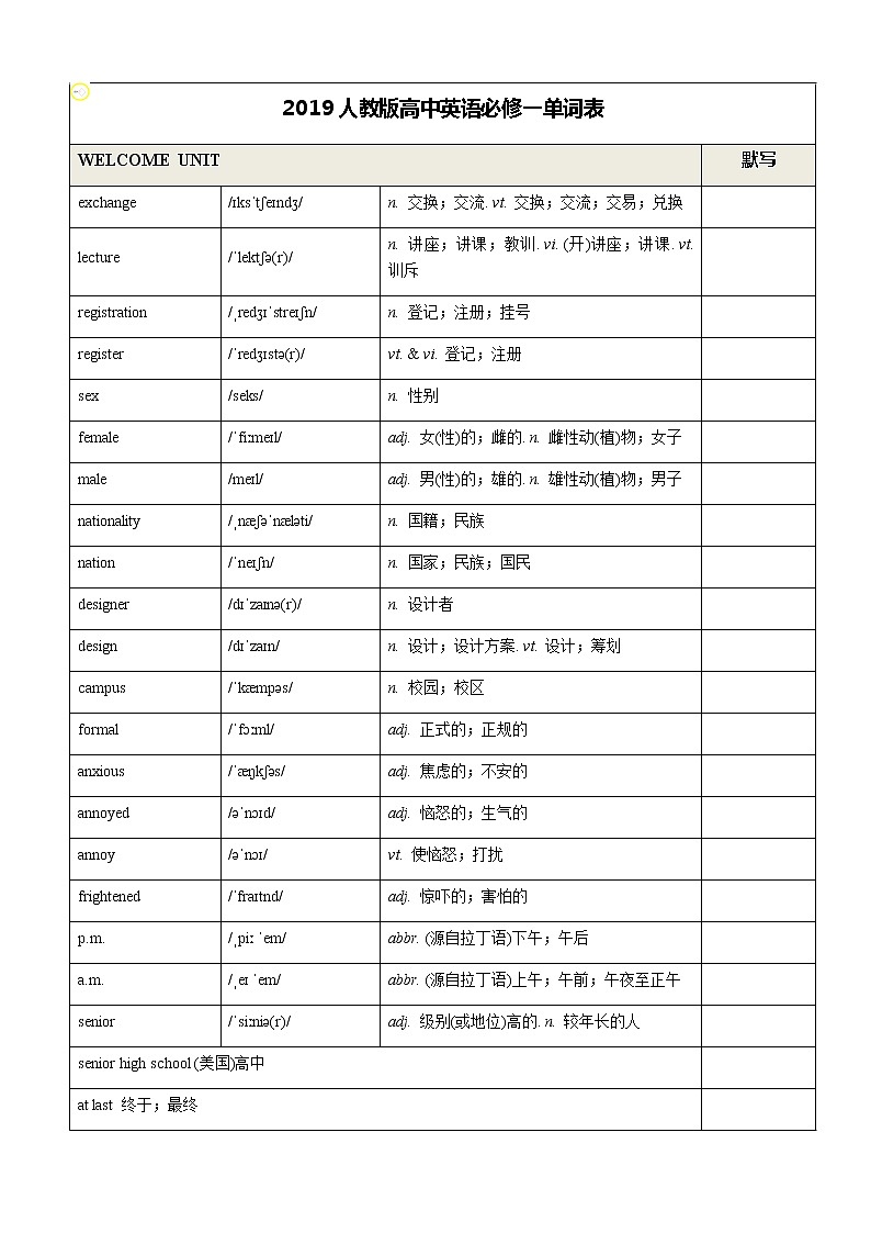 2019人教版高中英语必修一单词表01